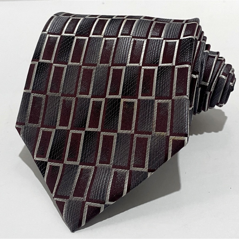 Pierre Cardin Silk Tie Burgundy Gray Silver Geometric Rectangles Classic Mens